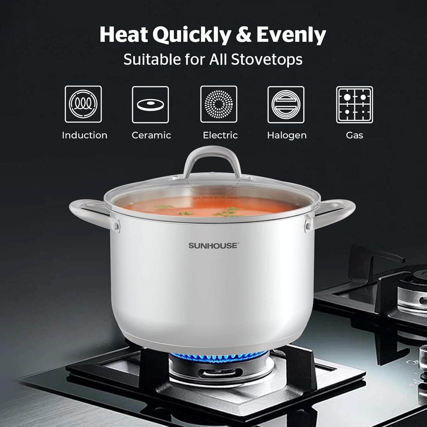 Sunhouse Stainless Steel Stock Pot - 11 Quart Heavy-Duty Induction Cooking Pot with Visible Lid for Pasta, Soup, Spaghetti - Nonstick Thick-Bottom Deep Stockpot for Canning, Boiling, and Simmering