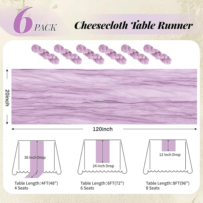 Aktor 6 Pack Lavender Cheesecloth Table Runner 10Ft Gauze Table Runner Boho Semi Sheer Cheese Cloth Fabric Runners for Wedding Birthday Baby Shower Party Table Decoration（Lavender）