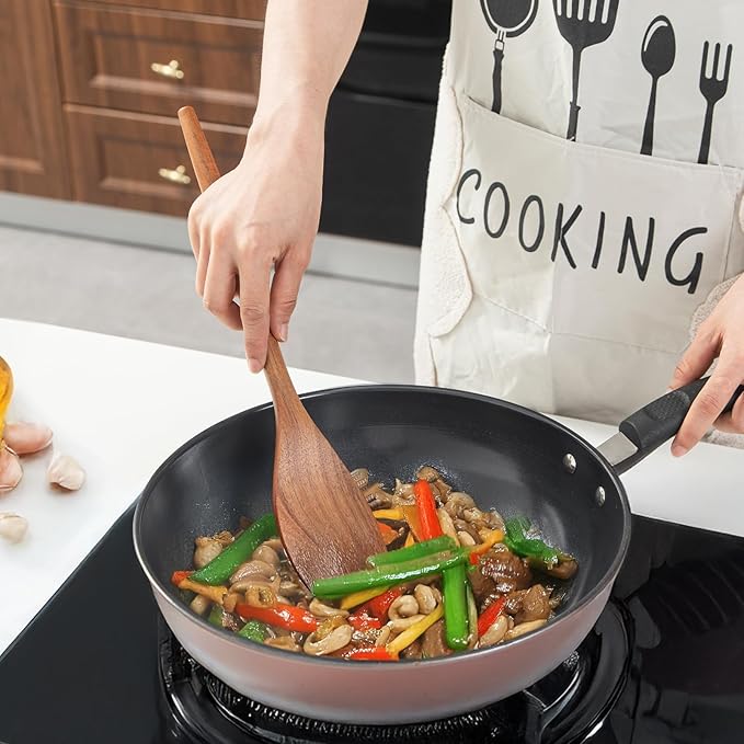 2PCS Acacia Wooden Spoons For Cooking-14 Inch Smooth Finish Cooking Spoons-Comfortable Grip Wood Spoons for Cooking - Non-Stick Cooking Utensils (Corner spoon + Cooking Spatula)