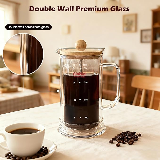 34-Ounce French Press Coffee Maker, Double Wall Borosilicate Glass Carafe with Removable Stainless Steel Filter and Shaft with Enlarged Bamboo Knob and Lid,Heat-Resistant for Coffee and Tea