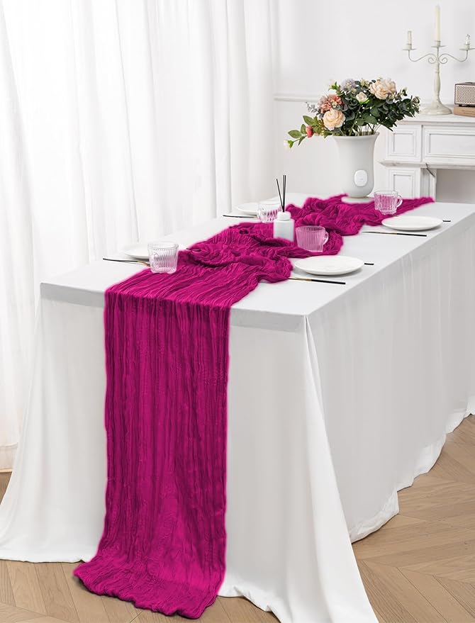 12 Pack Hot Pink Table Runners 10FT Cheesecloth Table Runner 21 x 120 inch Boho Gauze Cheese Cloth Table Runner Rustic Sheer Table Runners for Party Wedding Bridal Baby Shower Birthday Table Decor
