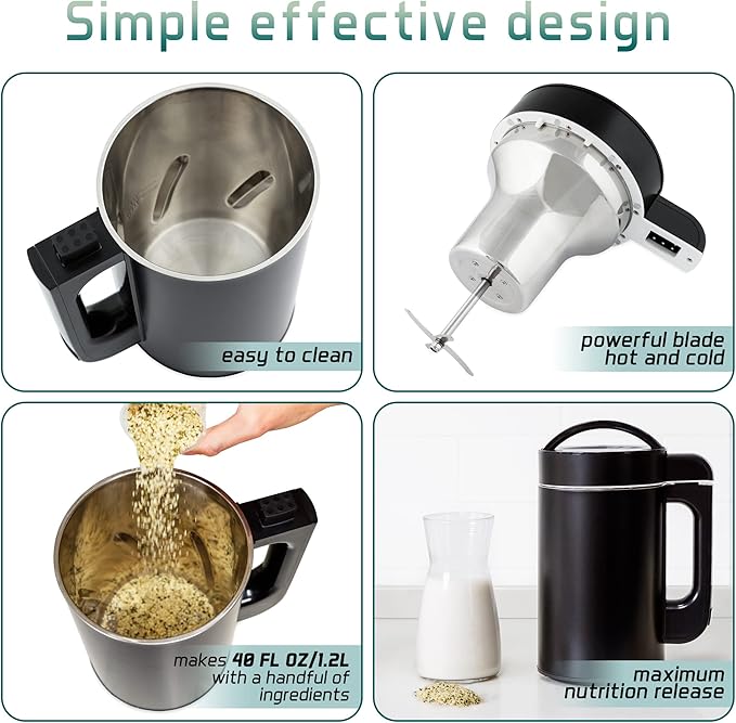 Nut Milk Maker Machine • 40oz • Make Delicious and Healthy Plant Milks In Minutes With Press Of A Button • Oat, Almond, Soy, Coconut, Cashew, Macadamia, Hemp and more • 6-in-1 Multi-Functional (also