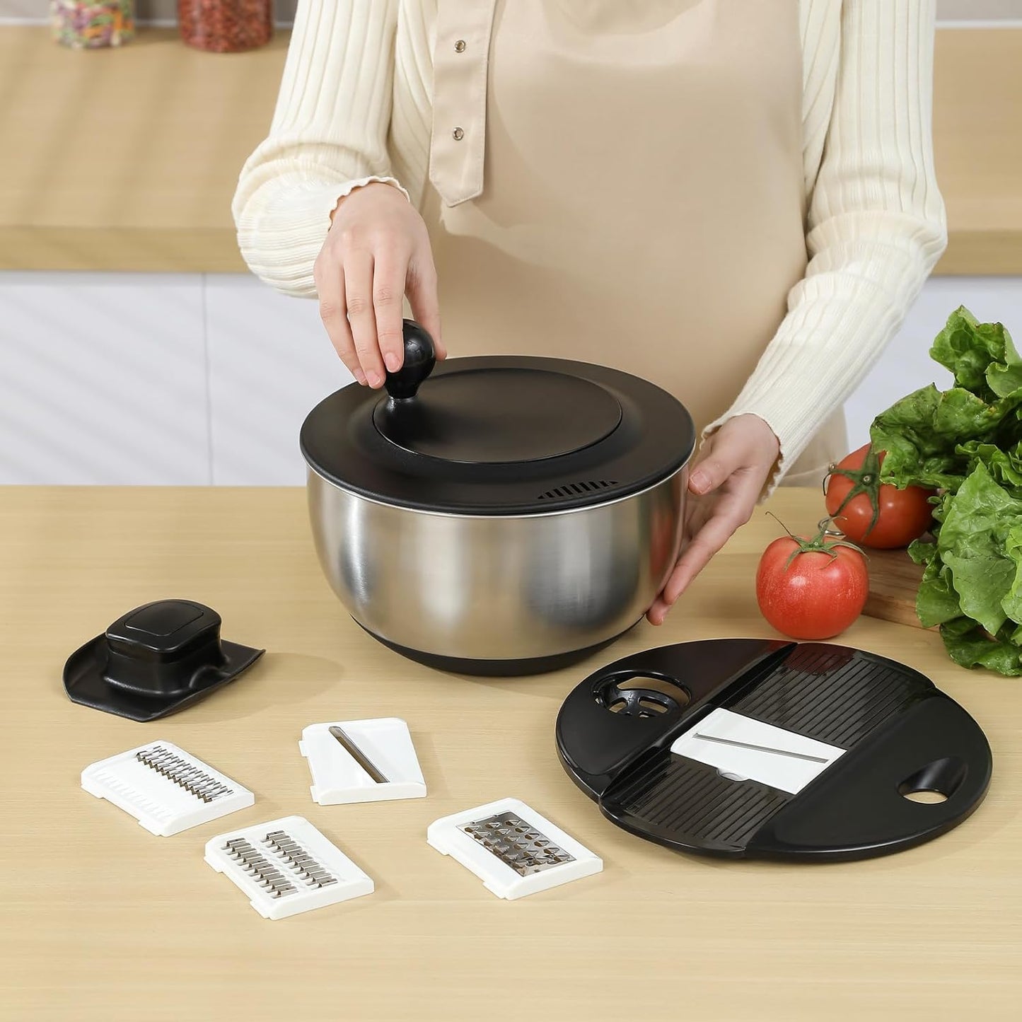 supernal Salad Spinner Stainless Steel Large,Vegetable Washer with 5.3 Qt Bowl,Salad Chopper Bowl,Nesting Bowls with Graters,Large Mixing Bowl Bowls for Kitchen With 5 Grater