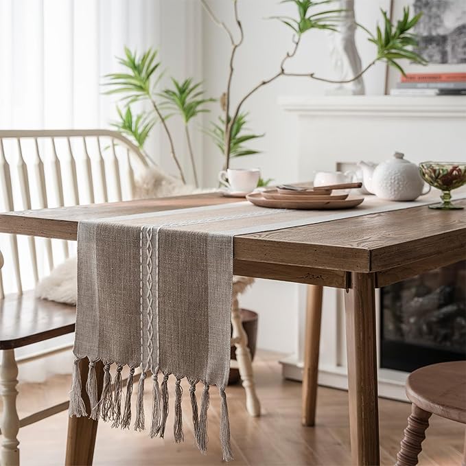 Niviy Farmhouse Table Runner, Embroidered Striped Braided Coffee Boho Table Runner, Cotton Linen Farmhouse Table Decoration for Holiday Party 12 x 48 Inches