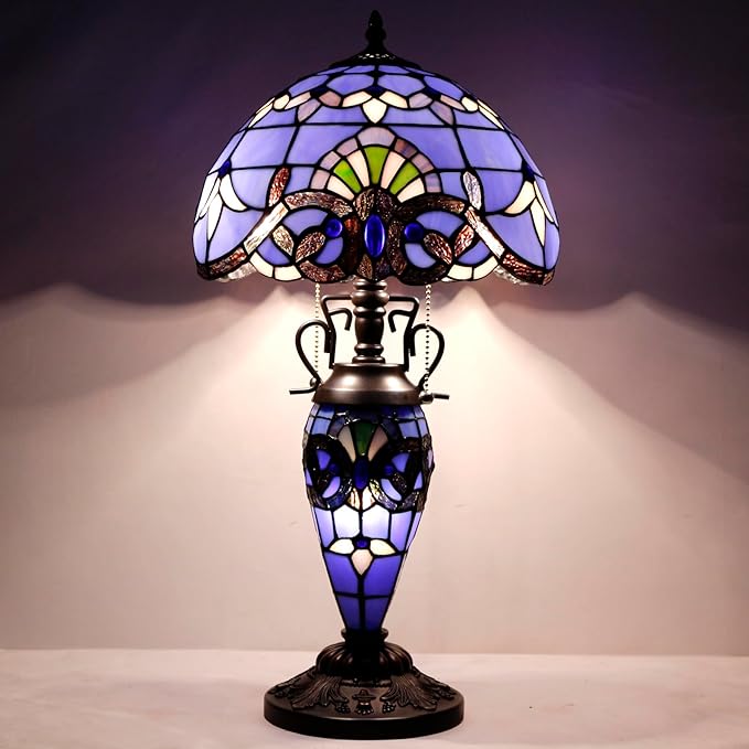 WERFACTORY Tiffany Style Table Lamp Lavender Blue Purple Baroque Stained Glass 12X12X22 Inches Mother-Daughter Vase Desk Light Decor Bedroom Living Room Home Office S003C Series