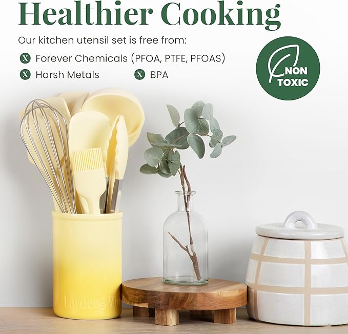 Larder & Vine 12-Piece Silicone Kitchen Cooking Utensils Set with Stainless Steel Handle and Ceramic Holder, Dishwasher Safe Set of Kitchen Essentials (Limoncello)
