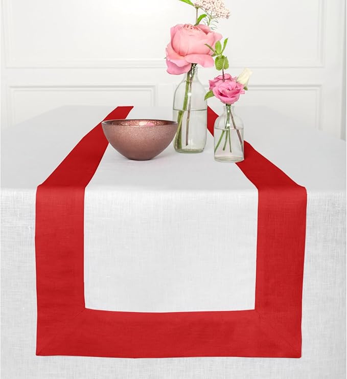 Solino Home Linen Table Runner 90 Inches Long - Red and White 100% Pure Linen 14 x 90 Inch Table Runner for Dining, Christmas, Holiday, Winter, New Year - Contempo