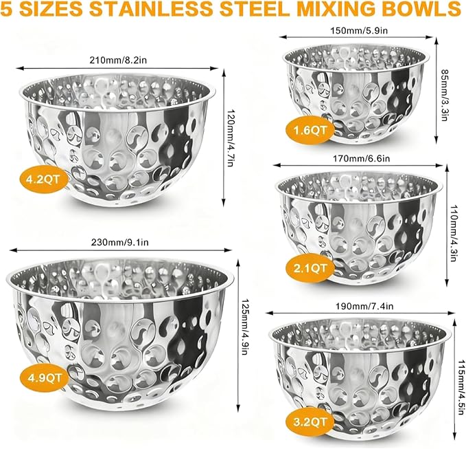 5 Pack Stainless Steel Mixing Bowls Set, Hammered Silver Finish, Nesting Design Metal Salad Bowls Set, 1.6-5 QT Capacity, Dishwasher Safe for Cooking, Serving, Food Containers Meal Prep Kit (Silver)