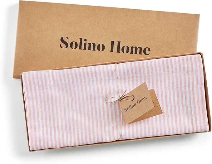 Solino Home Linen Striped Table Runner 108 Inches Long - Narrow Stripe 100% Pure Linen Peach and White Dining Table Runner 14 x 108 Inch