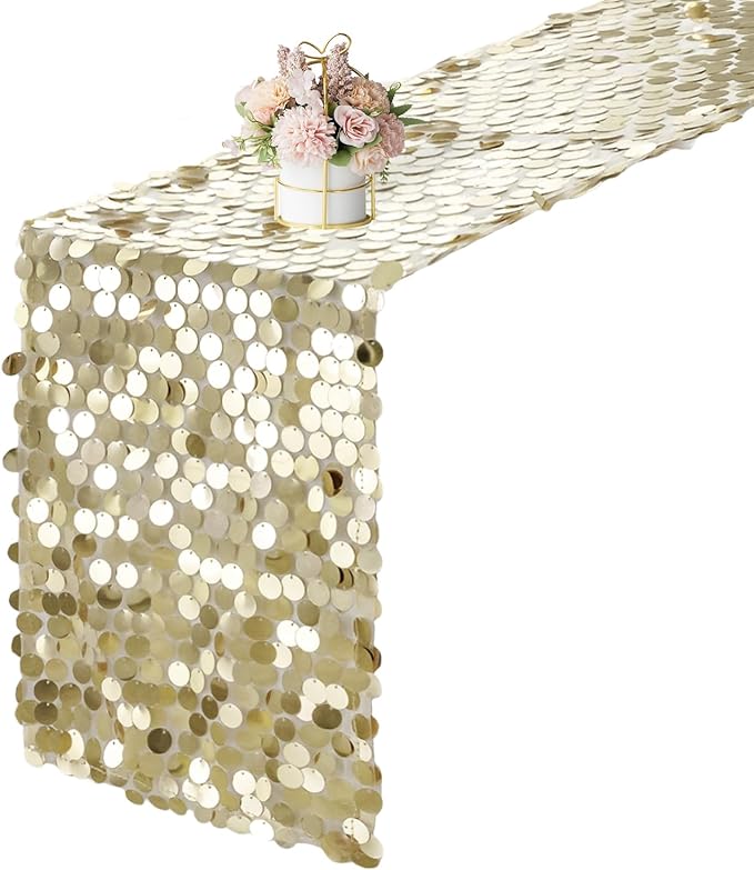 12 x 108 Inch Champagne Sequin Table Runner Glitter Rectangle Big Sequin Table Runner for Wedding Party Birthday Christmas Halloween Decoration (1 Pack)