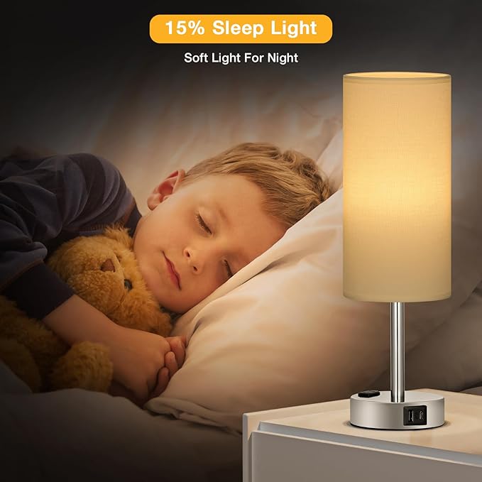 White Touch Nightstand Lamps Set - 3 Way Dimmable Bedside Table Lamp for Bedroom with USB Ports, Small Lamps with AC Outlet for Girls Dorm Nursery, Silver Base