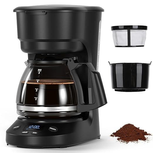 Compact 5-Cup Programmable Drip Coffee Maker — the essential coffee machine with Digital Clock, 24-hour Timer, Auto Shut-Off, and a Removable Filter Basket for Home & Office.