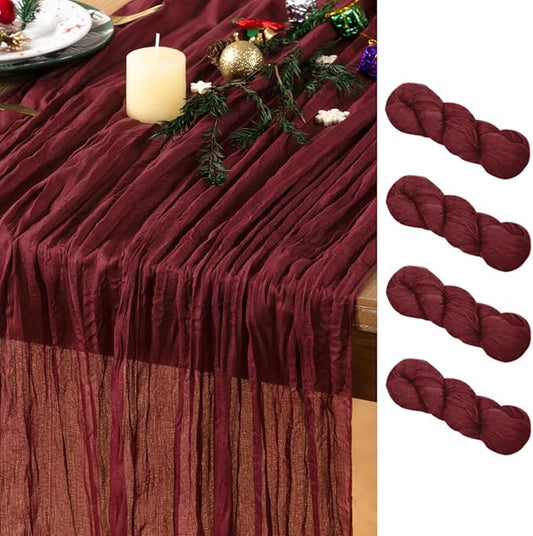 Burgundy Red Cheesecloth Table Runner 4 Pack Christmas Red Table Runners Boho Gauze 120 Inches Cheese Cloth Table Decor for Xmas Holiday Season Parties Weddings Candlelight Dinner