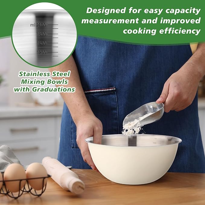 12 Pcs 2.2qt Stainless Steel Mixing Bowls Nesting Metal Prep Salad Bowls with Scale Reusable Baking Cooking Food Soup Storage Organizers for Kitchen Refrigerator