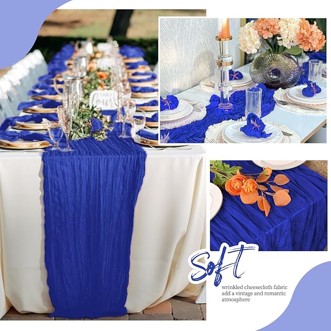 6 Pack Royal Blue Cheesecloth Table Runner 17x108 Inch Semi Sheer Boho Gauze Cheese Cloth Fabric Table Runners, for Wedding Party Baby Shower Birthday Home Decor Garden Farmhouse