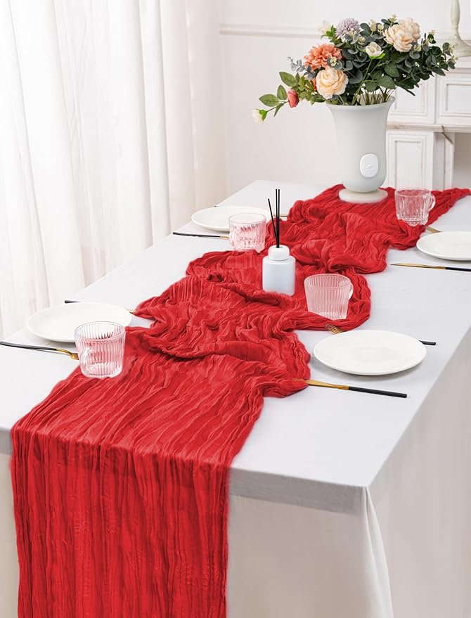 12 Pack Red Table Runner 10FT Cheesecloth Table Runner 21 x 120 inch Boho Gauze Cheese Cloth Table Runner Rustic Sheer Table Runner for Party Wedding Bridal Baby Shower Christmas Table Decor