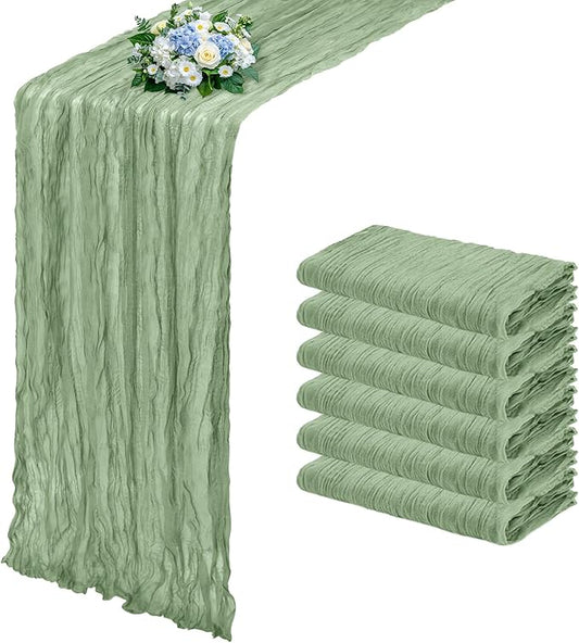 6 Pack Sage Green Cheesecloth Table Runner 17x108 Inch Semi Sheer Boho Gauze Cheese Cloth Fabric Table Runners, for Wedding Party Baby Shower Birthday Home Decor Garden Farmhouse