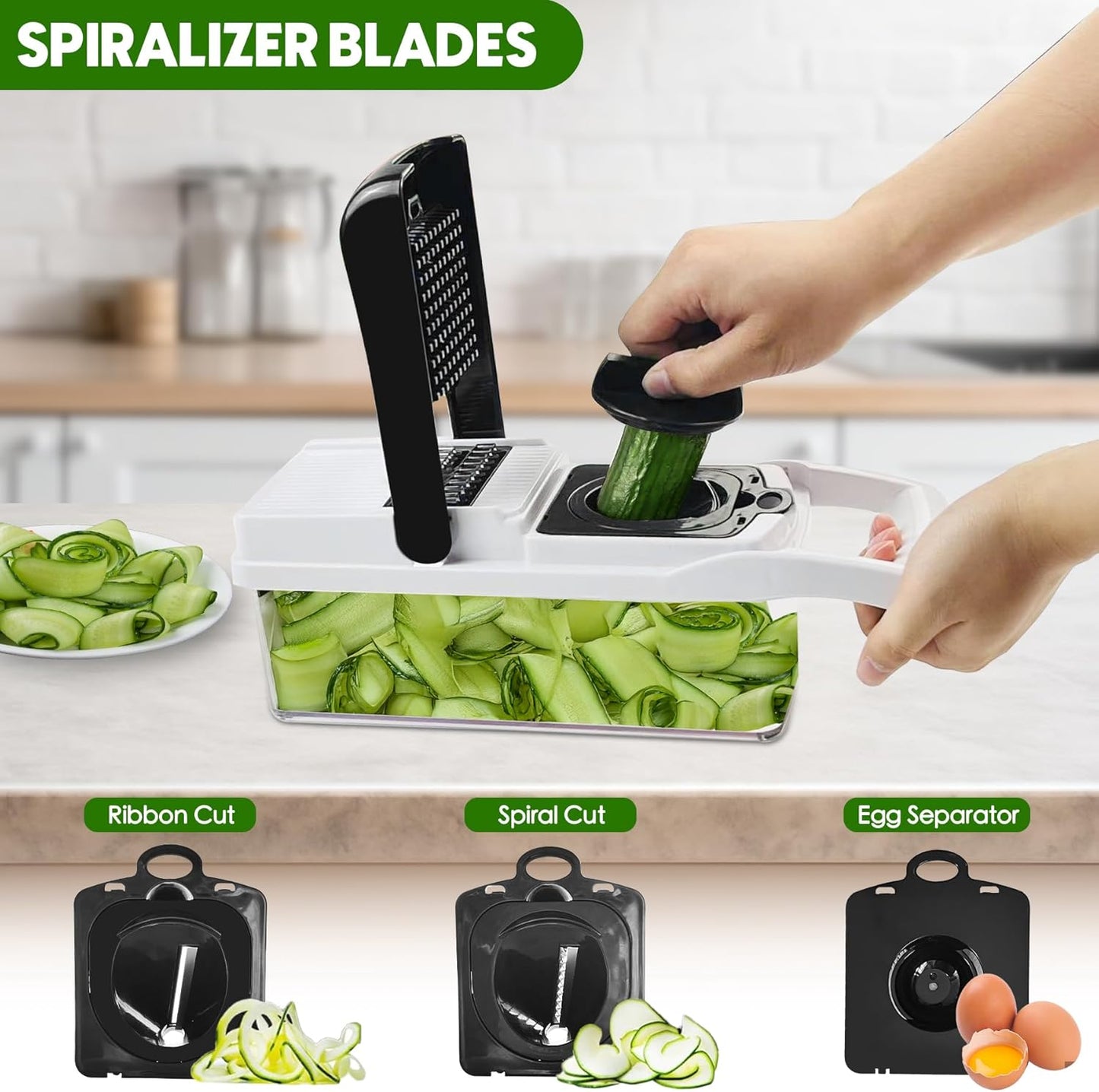 Vegetable Chopper, 10 Blades Slicer Onion Dicer, Multi 23-in-1 Veggie Mandoline Food Cutter for Tomato Fruit, Vegetable cutter with Hand Protector, Egg Separator & Slicer, Container（White）