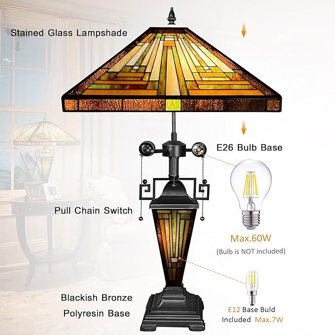 Capulina Tiffany Lamp Stained Glass Table Lamp 3-Light 16X16X24 Inches Mother-Daughter Vase Amber Brown Mission Tiffany Style Desk Reading Lamp for Living Room Bedroom Study Home Office