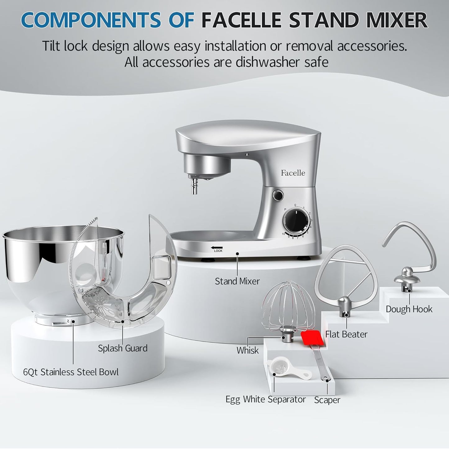 Facelle Stand Mixer, 10-Speed 6QT Kitchen Electric Mixer, Tilt-Head Food Mixer with Beater, Dough Hook, Wire Whip and Egg Separator, scraper for Most Home Cooks - Silver