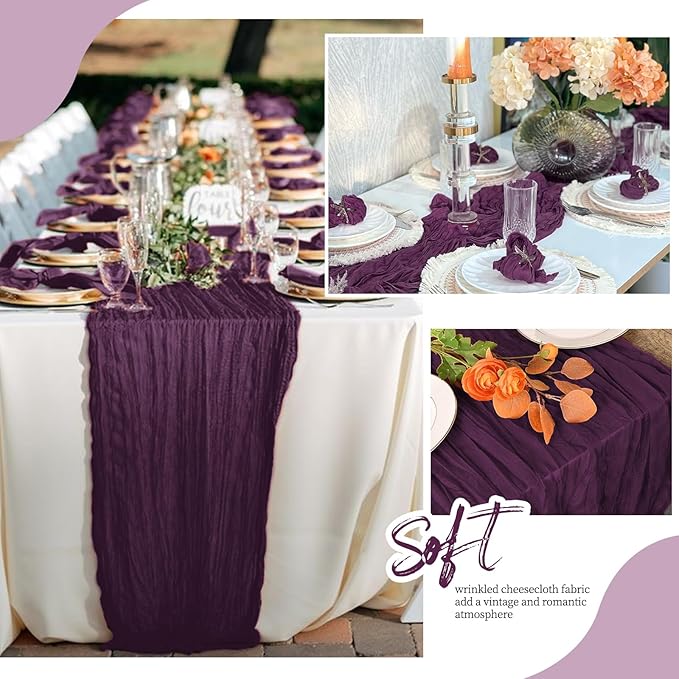 6 Pack Dark Purple Cheesecloth Table Runner 17x108 Inch Semi Sheer Boho Gauze Cheese Cloth Fabric Table Runners, for Wedding Party Baby Shower Birthday Home Decor Garden