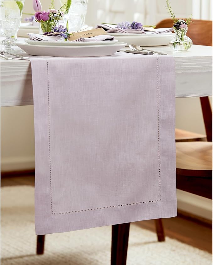 Solino Home Linen Lilac Table Runner 144 Inches Long - 100% Pure Linen Extra Long Table Runner 14 x 144 Inch for Christmas, New Year - Classic Hemstitch