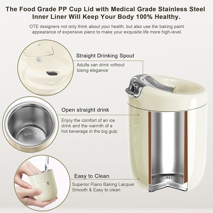 OTE Coffee Cup Travel Mug 12 OZ Leakproof, Keep Ice & Hot Personal Coffee Cup, 350 ML Vacuum Insulated Tumbler, BPA-Free Stainless Steel, Reusable Coffee Cups, Beige