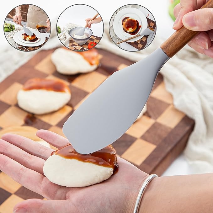 Wooden Spoons Cooking 1pcs Wooden Spoons For Cooking and 1pcs Silicone Spatula Acacia Cooking Spoon Wooden Non-Stick Wood Utensil Silicone Scraper Spatula, Kitchen Utensils Cooking Spoon for Serving