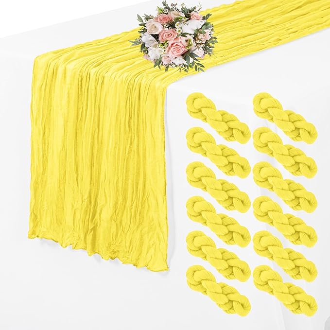 12 Pack Cheesecloth Table Runner 35 x 70 inch Long Boho Cheese Cloth Gauze Table Runners Semi Sheer Table Runner for Wedding Decor, Bridal Shower, Birthday Party (Yellow)