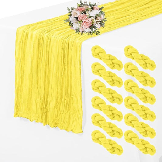 12 Pack Cheesecloth Table Runner 35 x 70 inch Long Boho Cheese Cloth Gauze Table Runners Semi Sheer Table Runner for Wedding Decor, Bridal Shower, Birthday Party (Yellow)