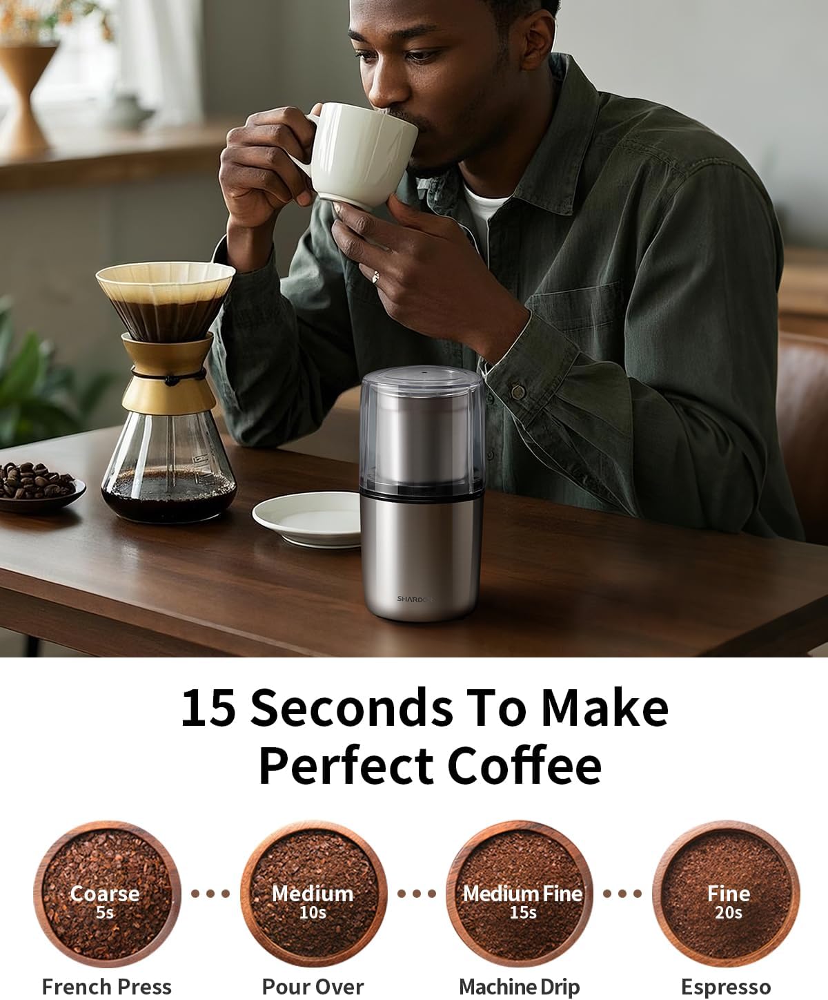 SHARDOR Coffee Grinder Electric Herb/Wet Grinder for Spices and Seeds with 2 Removable Stainless Steel Bowls, Silver