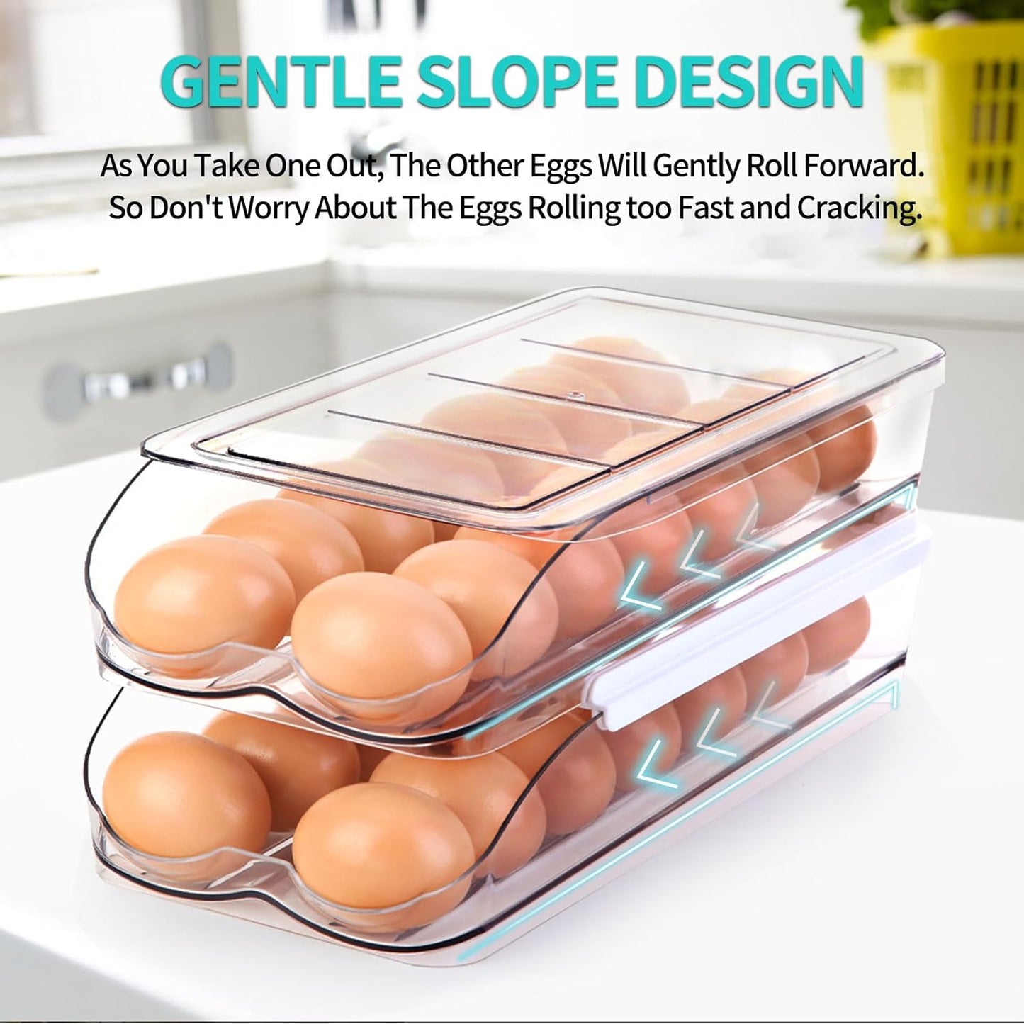 Egg Holder for Fridge, Automatically Rolling Egg Container for Refrigerator, Clear Plastic Fridge Organizers and Storage with Lid, Stackable Egg Dispenser & Tray (3 Tier)