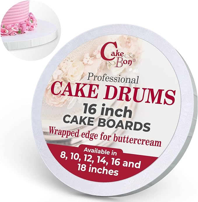 Cakebon Round Cake Boards - Sturdy 1/2 Thick Drums - 16 Inch Professional Fully Wrapped Edges White 3-Pack