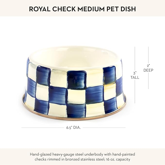MACKENZIE-CHILDS Pet Bowl, Cute Cat and Dog Bowl for Food and Water, Blue-and-White Royal Check, Medium