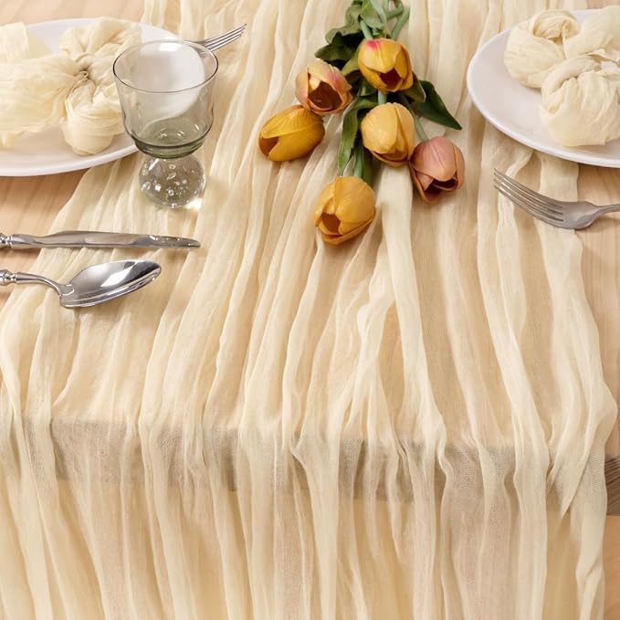 MLMC 3 Pack Beige Cheesecloth Table Runner 10ft Rustic Boho Gauze Cream Table Runner Bulk Winter Decor 35x120 Inches for Wedding Bridal Baby Shower Party Decor