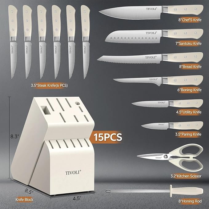 TIVOLI Knife Block Set, 15 PCS Kitchen Knife Set with Block & Honing Rod & Kitchen Scissor, High Carbon Stainless Steel Cutlery Knife Set, Ergonomic Wood Handle, Gifts For Cooks, Cream White