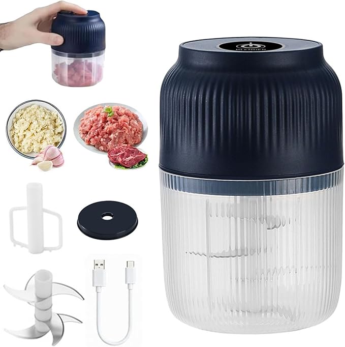 Electric Garlic Chopper, Mini Portable Veggie Cutter, 300ml Cordless Garlic Grinder Onion Masher, Portable Vegetable Cutter for Garlic, Onions, Herbs, Spices & Baby Food (Blue, 6 Blade+Egg Beater)