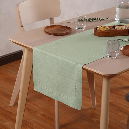Home Ekaa Sage Green 100% Pure Linen Table Runner 36 inches – Small Hemstitch Runner 14x36 Inch Ideal for Dining & Coffee Table - Fall,Christmas, Winter, Holiday & New Year – Elara