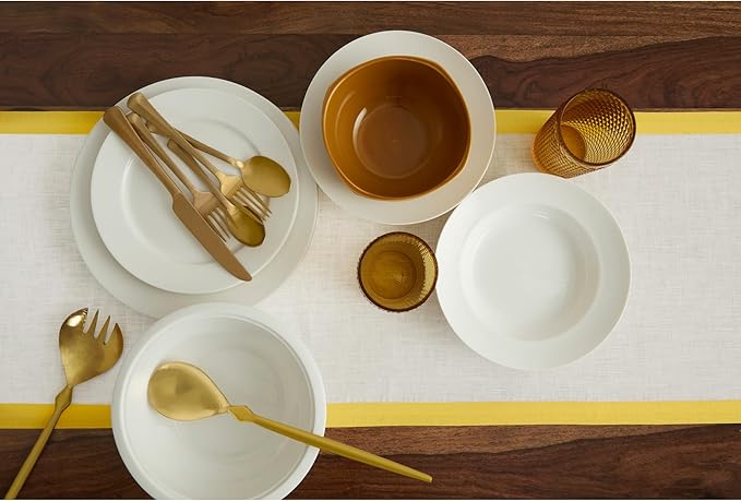Solino Home Linen Table Runner 108 Inches Long - 100% Pure Linen Sunshine Yellow and White Dining Table Runner 14 x 108 Inch - Classic