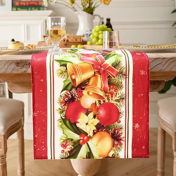 Christmas Table Runner,Red Flower Poinsettia Bells Christmas Runners Table Decoration for Indoor Outdoor Home Party Decor 13x72 Inch (Christmas Bells)