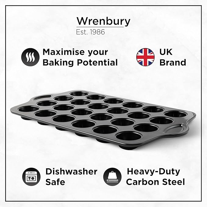 Wrenbury Mini Muffin Pan Non Toxic - Non Stick 24 Cup Small Cupcake Tray for Baking Joyful Bites - Dishwasher Friendly - Health Conscious Baking - 1.8" Cup