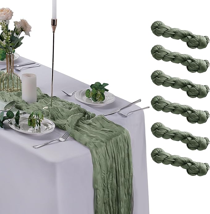 6 Pack Cheesecloth Table Runner 9ft,17 x 108 inch Gauze Table Runner Rustic Romantic Wedding Runner for Wedding Bridal Shower Fall Decoration,Dark Sage Green
