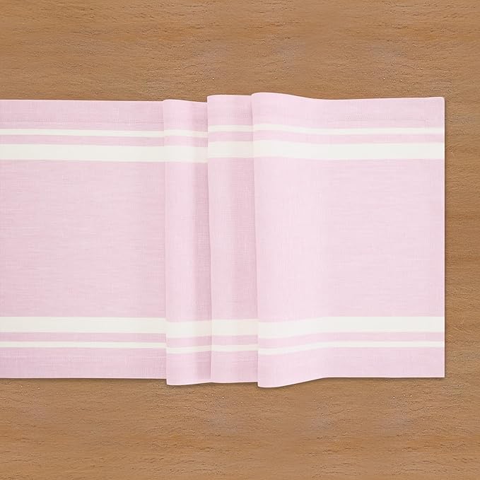 Solino Home Linen Table Runner 90 Inches Long - 100% Pure Linen White and Dusty Pink French Stripe Table Runner 14 x 90 Inch for Dining