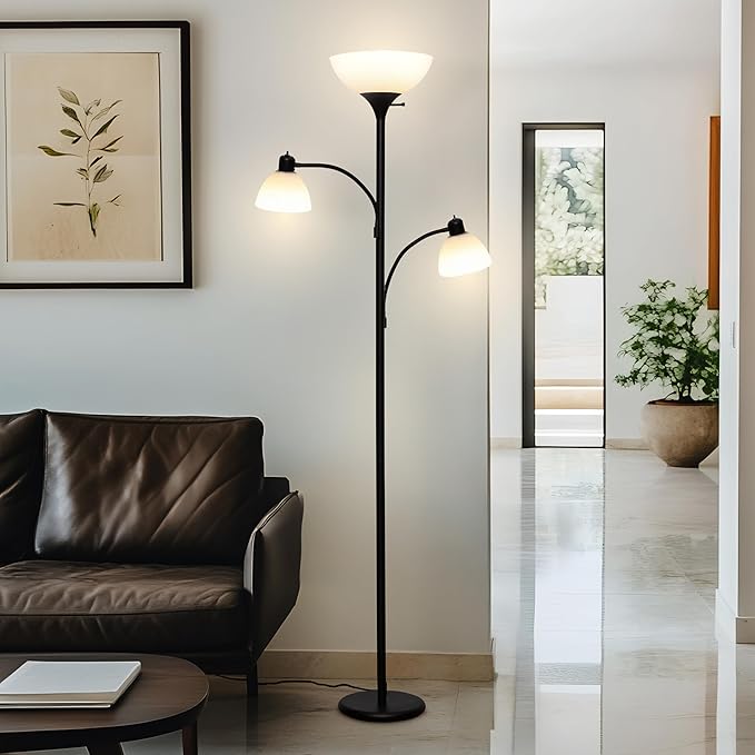 Brightech Sky Dome Double LED Floor Lamp, Torchiere Super Bright Floor Lamp with 2 Reading Lamps for Living Rooms & Offices - Dimmable Tall Standing Lamp for Bedroom Reading - Tall Black Pole