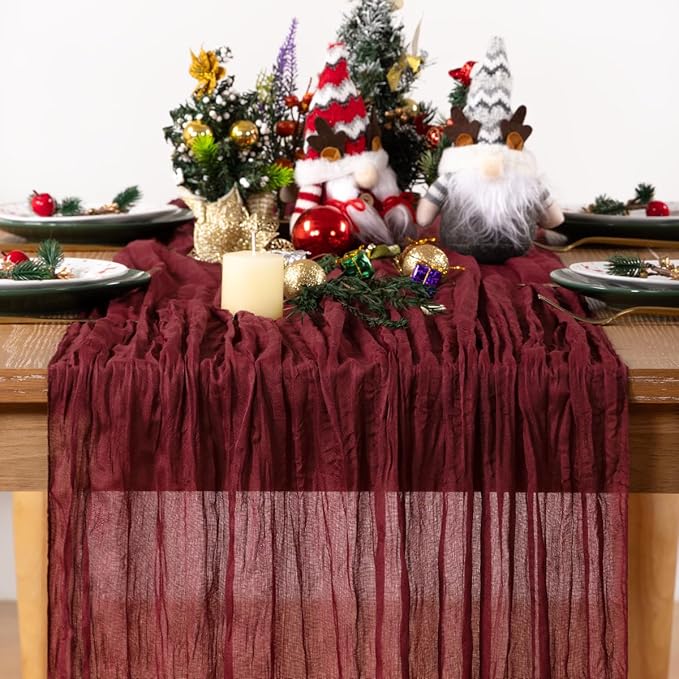 Burgundy Red Cheesecloth Table Runner 4 Pack Christmas Red Table Runners Boho Gauze 120 Inches Cheese Cloth Table Decor for Xmas Holiday Season Parties Weddings Candlelight Dinner