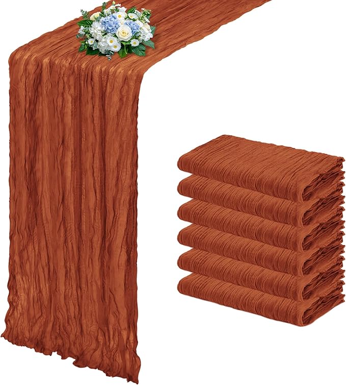 6 Pack Terracotta Cheesecloth Table Runner 17x108 Inch Semi Sheer Boho Gauze Cheese Cloth Fabric Table Runners, for Wedding Party Baby Shower Birthday Home Decor Garden Farmhouse