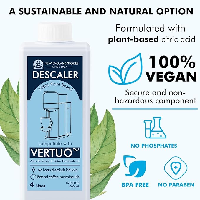 (12 Months Supply) Descaling Kit Compatible with Nespresso Vertuo, Odorless Coffee Brewer Machine Descaler Set, Liquid Descaling Solution for Nespresso, Includes Reusable Pod and 12 Cleaning Tablets