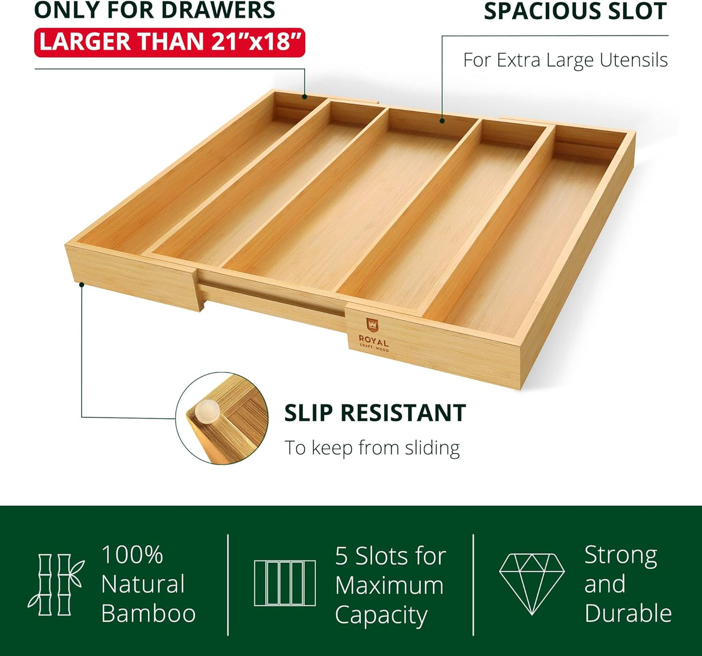ROYAL CRAFT WOOD Luxury Bamboo Kitchen Drawer Organizer - Silverware Organizer - Utensil Holder and Cutlery Tray with Grooved Drawer Dividers for Flatware and Kitchen Utensils (5 Slot, Natural)