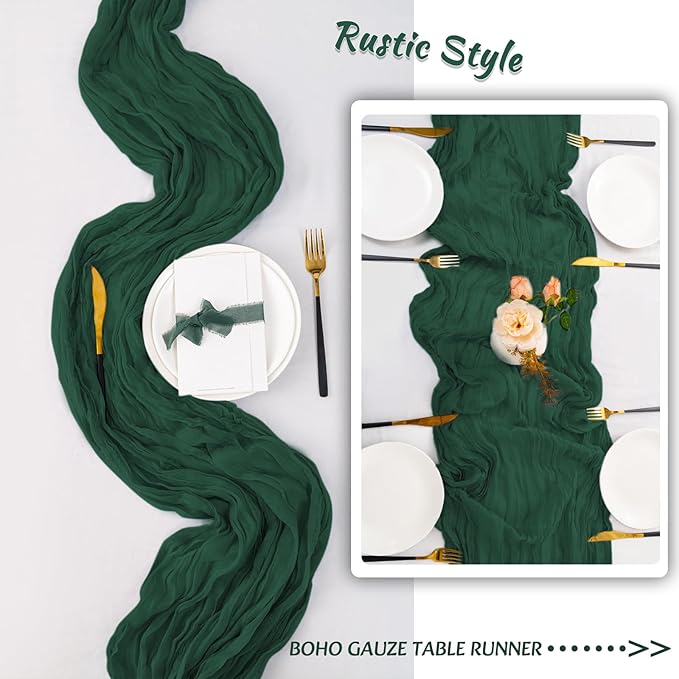 12 Pack Emerald Green Table Runners 10FT Cheesecloth Table Runner 21x120 inch Boho Gauze Cheese Cloth Table Runner Rustic Sheer Table Runners for Party Wedding Bridal Baby Shower Christmas Table Decor