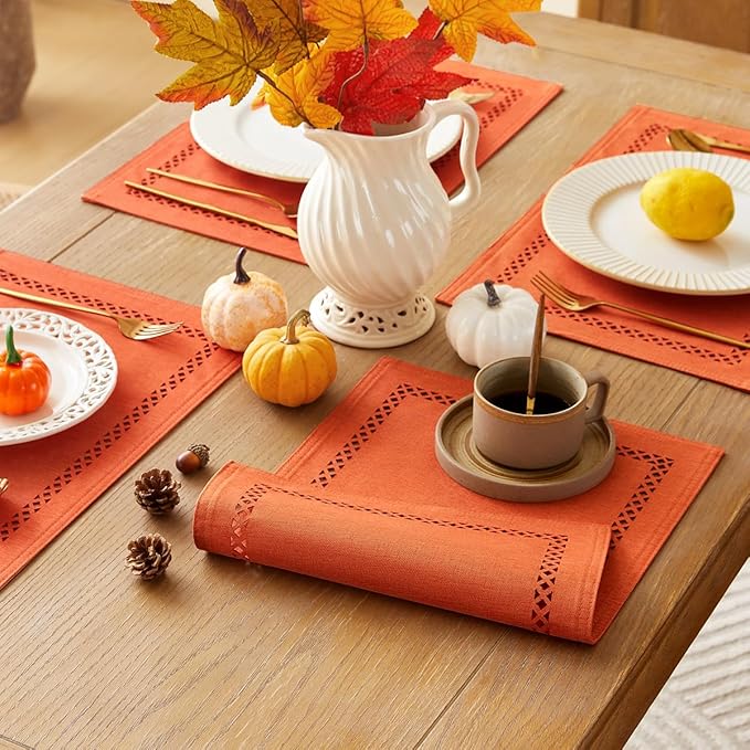 Fall Placemats Set of 4, 12 x 18 Inch Rustic Geometric Hollow Place Mats, Orange Heat Resistant Placemats for Autumn Thanksgiving Farmhouse Table Decor, Orange 4PCS